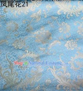 Traditional Asian Chinese Handmade Embroidery Golden Ombre Peony Flowers Satin Blue Silk Fabric, Top Grade Nanjing Brocade Tang Suit Hanfu Clothing Fabric Cheongsam Cloth Material