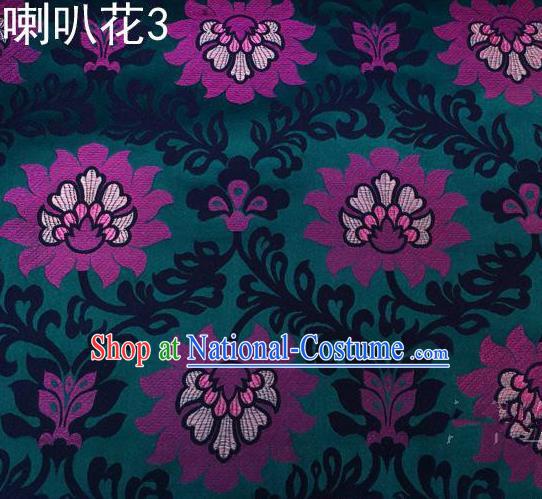 Traditional Asian Chinese Handmade Embroidery Petunia Flowers Satin Deep Green Silk Fabric, Top Grade Nanjing Brocade Tang Suit Hanfu Clothing Fabric Cheongsam Cloth Material