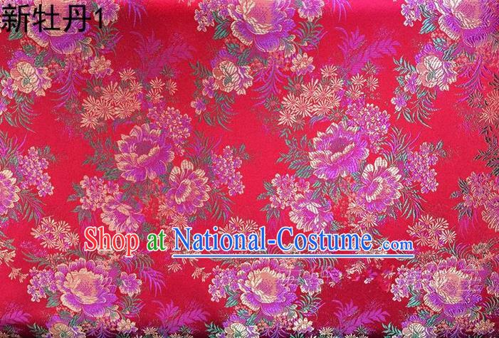 Traditional Asian Chinese Handmade Embroidery Peony Flowers Satin Red Silk Fabric, Top Grade Nanjing Brocade Ancient Costume Tang Suit Hanfu Clothing Fabric Cheongsam Cloth Material