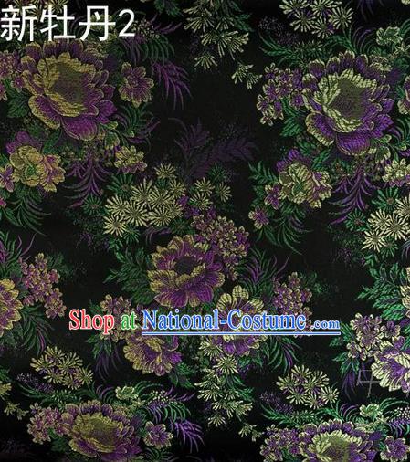 Traditional Asian Chinese Handmade Embroidery Peony Flowers Satin Black Silk Fabric, Top Grade Nanjing Brocade Ancient Costume Tang Suit Hanfu Clothing Fabric Cheongsam Cloth Material