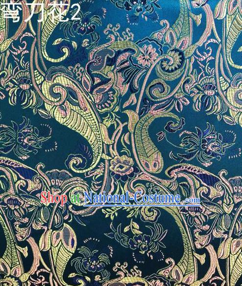 Asian Chinese Traditional Handmade Printing Machetes Flowers Satin Thangka Blue Silk Fabric, Top Grade Nanjing Brocade Tang Suit Hanfu Fabric Cheongsam Cloth Material