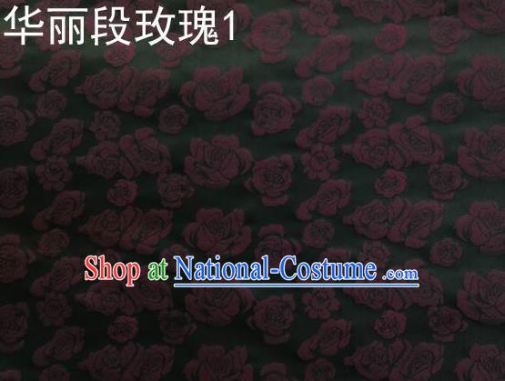 Traditional Asian Chinese Handmade Embroidery Roses Satin Black Silk Fabric, Top Grade Nanjing Brocade Ancient Costume Tang Suit Hanfu Clothing Fabric Cheongsam Cloth Material