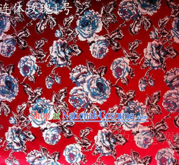 Traditional Asian Chinese Handmade Printing Roses Flowers Satin Red Silk Fabric, Top Grade Nanjing Brocade Tang Suit Hanfu Clothing Fabric Cheongsam Cloth Material