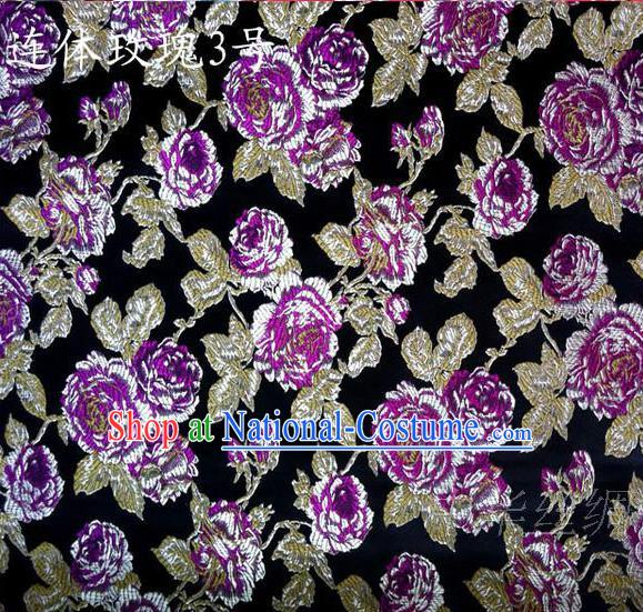 Traditional Asian Chinese Handmade Printing Roses Flowers Satin Black Silk Fabric, Top Grade Nanjing Brocade Tang Suit Hanfu Clothing Fabric Cheongsam Cloth Material