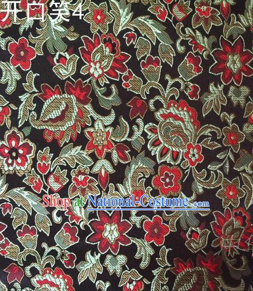 Traditional Asian Chinese Handmade Embroidery Red Flowers Satin Black Silk Fabric, Top Grade Nanjing Brocade Tang Suit Hanfu Wedding Clothing Fabric Cheongsam Cloth Material