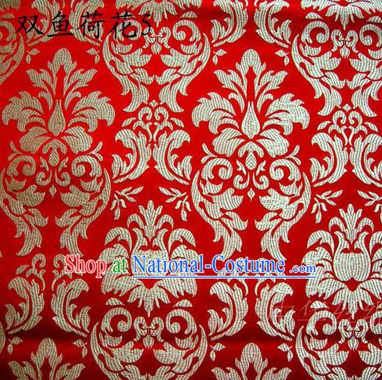 Traditional Asian Chinese Handmade Embroidery Lotus Flowers Fishes Satin Red Silk Fabric, Top Grade Nanjing Brocade Tang Suit Hanfu Wedding Tibetan Clothing Fabric Cheongsam Cloth Material