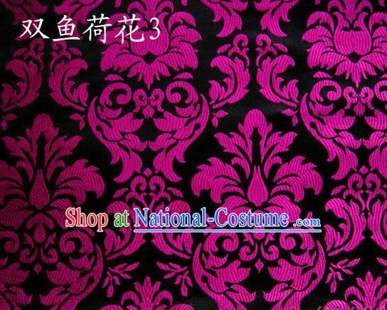 Traditional Asian Chinese Handmade Embroidery Purple Lotus Flowers Fishes Satin Black Silk Fabric, Top Grade Nanjing Brocade Tang Suit Hanfu Wedding Tibetan Clothing Fabric Cheongsam Cloth Material