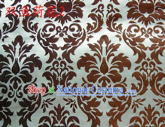 Traditional Asian Chinese Handmade Embroidery Brown Lotus Flowers Fishes Satin Silk Fabric, Top Grade Nanjing Brocade Tang Suit Hanfu Wedding Tibetan Clothing Fabric Cheongsam Cloth Material