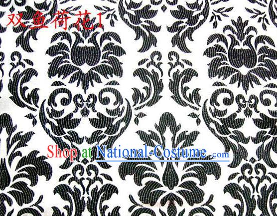 Traditional Asian Chinese Handmade Embroidery Black Lotus Flowers Fishes Satin White Silk Fabric, Top Grade Nanjing Brocade Tang Suit Hanfu Wedding Tibetan Clothing Fabric Cheongsam Cloth Material