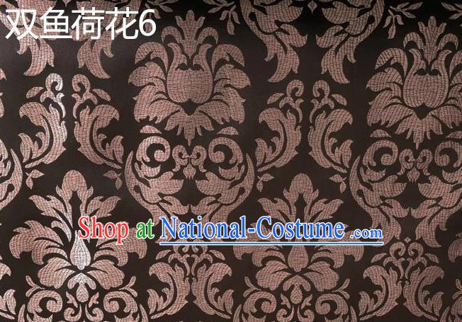 Traditional Asian Chinese Handmade Embroidery Lotus Flowers Fishes Satin Brown Silk Fabric, Top Grade Nanjing Brocade Tang Suit Hanfu Wedding Tibetan Clothing Fabric Cheongsam Cloth Material