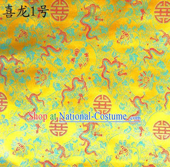 Traditional Asian Chinese Handmade Embroidery Happiness Dragon Satin Golden Silk Fabric, Top Grade Nanjing Brocade Tang Suit Hanfu Tibetan Clothing Fabric Cheongsam Cloth Material