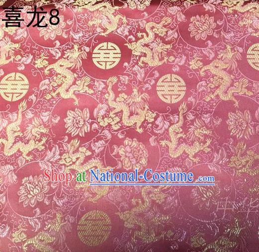 Traditional Asian Chinese Handmade Embroidery Happiness Dragon Satin Pink Silk Fabric, Top Grade Nanjing Brocade Tang Suit Hanfu Tibetan Clothing Fabric Cheongsam Cloth Material