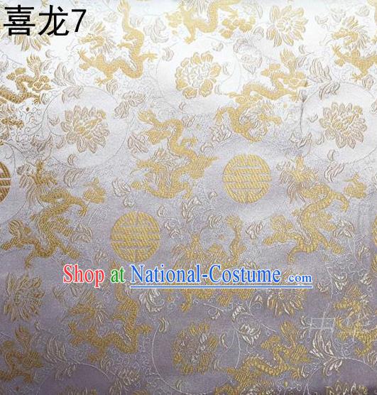 Traditional Asian Chinese Handmade Embroidery Happiness Dragon Satin Sliver Silk Fabric, Top Grade Nanjing Brocade Tang Suit Hanfu Tibetan Clothing Fabric Cheongsam Cloth Material