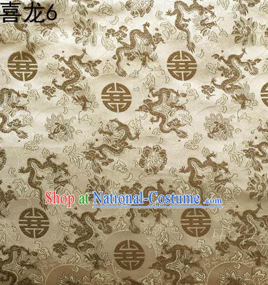 Traditional Asian Chinese Handmade Embroidery Happiness Dragon Satin Light Golden Silk Fabric, Top Grade Nanjing Brocade Tang Suit Hanfu Tibetan Clothing Fabric Cheongsam Cloth Material