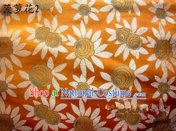 Traditional Asian Chinese Handmade Embroidery Pineapple Flowers Satin Yellow Silk Fabric, Top Grade Nanjing Brocade Tang Suit Hanfu Tibetan Clothing Fabric Cheongsam Cloth Material