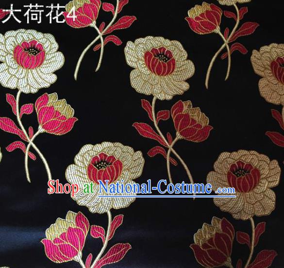 Traditional Asian Chinese Handmade Embroidery Lotus Satin Black Silk Fabric, Top Grade Nanjing Brocade Tang Suit Hanfu Clothing Fabric Cheongsam Cloth Material