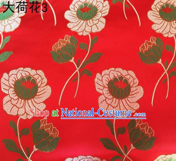 Traditional Asian Chinese Handmade Embroidery Lotus Satin Red Silk Fabric, Top Grade Nanjing Brocade Tang Suit Hanfu Clothing Fabric Cheongsam Cloth Material