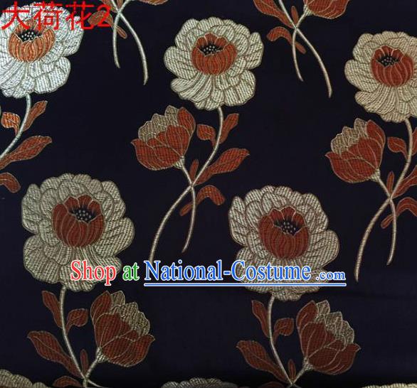 Traditional Asian Chinese Handmade Embroidery Brown Lotus Satin Silk Fabric, Top Grade Nanjing Brocade Tang Suit Hanfu Clothing Fabric Cheongsam Cloth Material