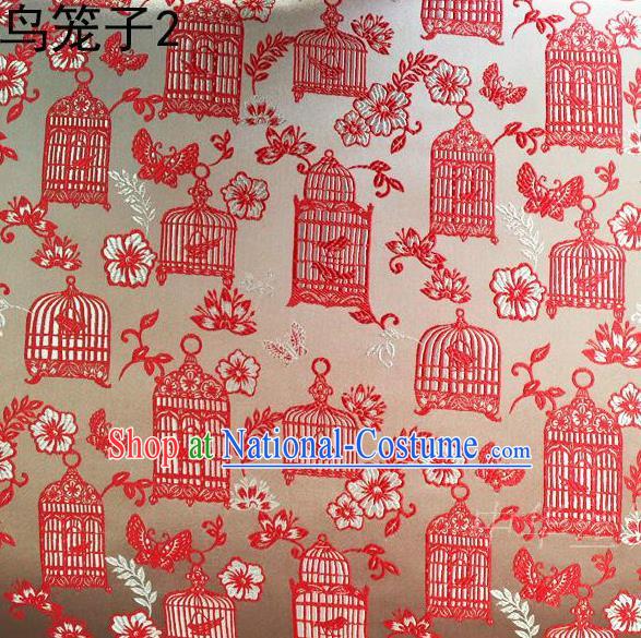 Traditional Asian Chinese Handmade Embroidery Red Birdcage Satin Silk Fabric, Top Grade Nanjing Brocade Tang Suit Hanfu Clothing Fabric Cheongsam Cloth Material