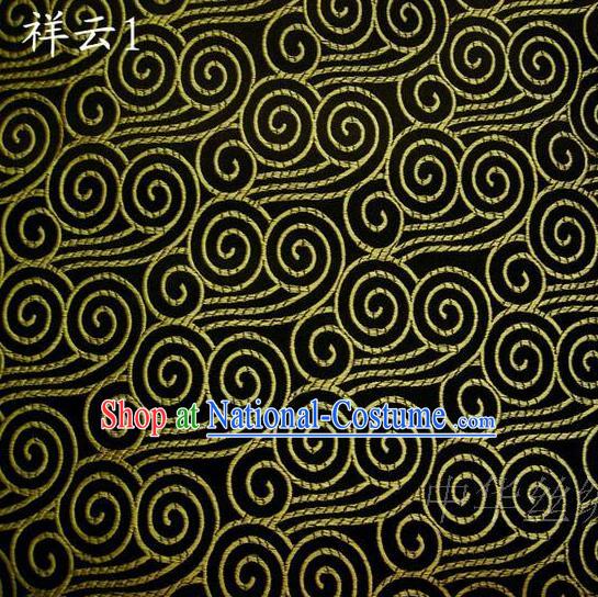 Traditional Asian Chinese Handmade Embroidery Golden Auspicious Clouds Satin Black Silk Fabric, Top Grade Nanjing Brocade Tang Suit Hanfu Clothing Fabric Cheongsam Cloth Material