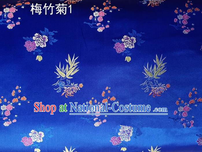 Traditional Asian Chinese Handmade Embroidery Bamboo Chrysanthemum Satin Tang Suit Blue Silk Fabric, Top Grade Nanjing Brocade Ancient Costume Hanfu Clothing Fabric Cheongsam Cloth Material