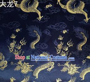 Traditional Asian Chinese Handmade Embroidery Dragons Satin Tang Suit Navy Silk Fabric, Top Grade Nanjing Brocade Ancient Costume Hanfu Clothing Fabric Cheongsam Cloth Material