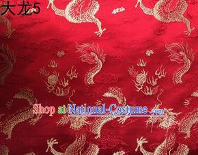 Traditional Asian Chinese Handmade Embroidery Dragons Satin Tang Suit Red Silk Fabric, Top Grade Nanjing Brocade Ancient Costume Hanfu Clothing Fabric Cheongsam Cloth Material