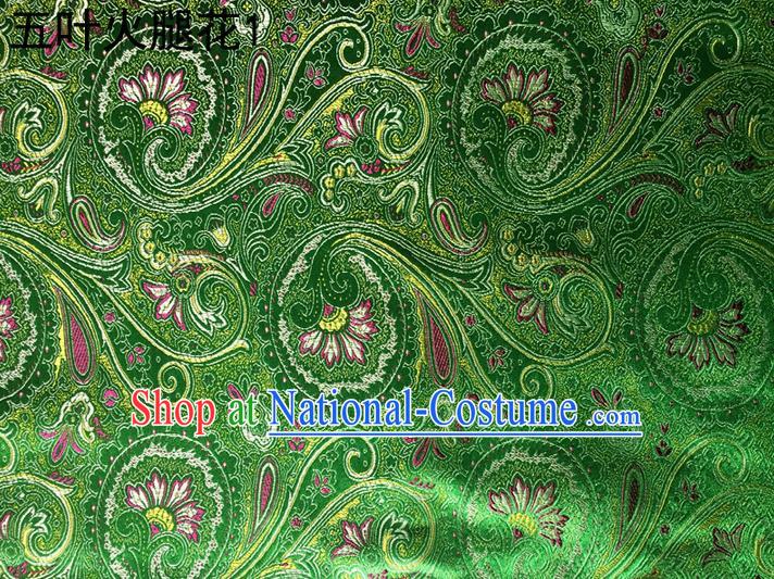 Traditional Asian Chinese Handmade Printing Flowers Satin Tang Suit Green Silk Fabric, Top Grade Nanjing Brocade Ancient Costume Hanfu Clothing Fabric Cheongsam Cloth Material