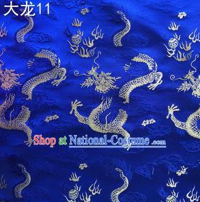 Traditional Asian Chinese Handmade Embroidery Dragons Satin Tang Suit Royalblue Silk Fabric, Top Grade Nanjing Brocade Ancient Costume Hanfu Clothing Fabric Cheongsam Cloth Material