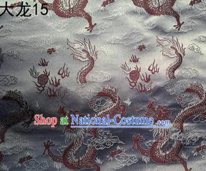 Traditional Asian Chinese Handmade Embroidery Dragons Satin Tang Suit Grey Silk Fabric, Top Grade Nanjing Brocade Ancient Costume Hanfu Clothing Fabric Cheongsam Cloth Material