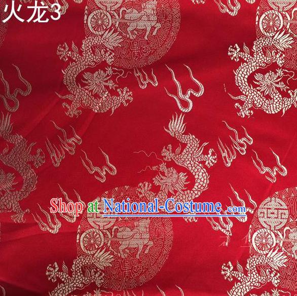 Traditional Asian Chinese Handmade Embroidery Fire Dragons Satin Tang Suit Red Silk Fabric, Top Grade Nanjing Brocade Ancient Costume Hanfu Clothing Fabric Cheongsam Cloth Material