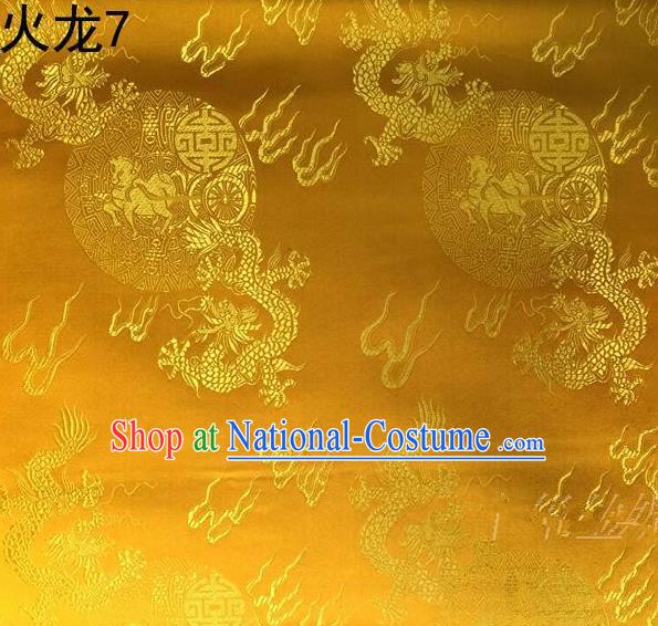 Traditional Asian Chinese Handmade Embroidery Fire Dragons Satin Tang Suit Golden Silk Fabric, Top Grade Nanjing Brocade Ancient Costume Hanfu Clothing Fabric Cheongsam Cloth Material