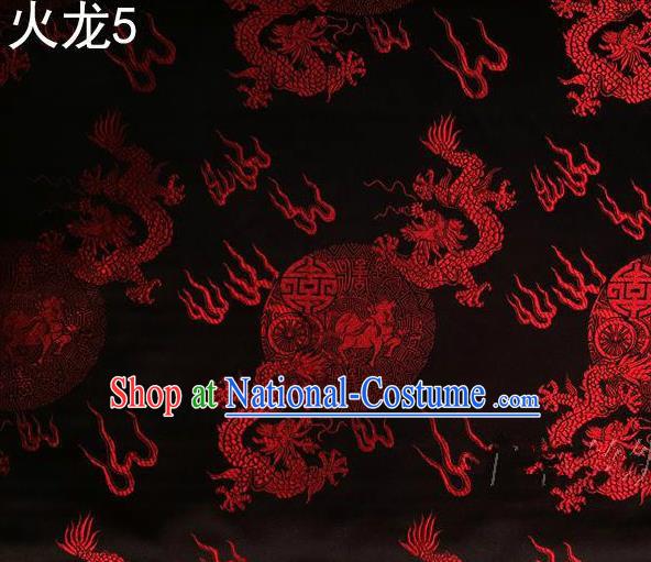 Traditional Asian Chinese Handmade Embroidery Red Fire Dragons Satin Tang Suit Black Silk Fabric, Top Grade Nanjing Brocade Ancient Costume Hanfu Clothing Fabric Cheongsam Cloth Material