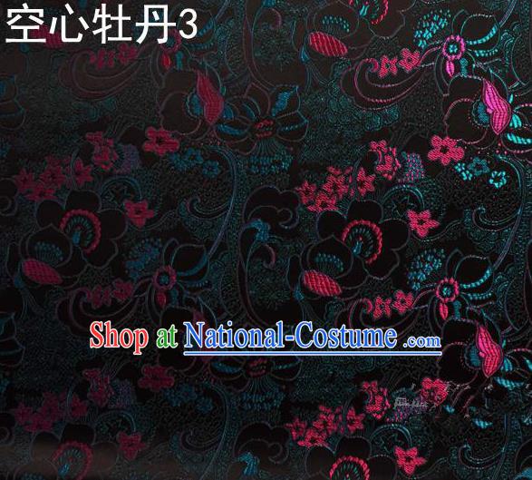 Traditional Asian Chinese Handmade Embroidery Peony Flowers Satin Tang Suit Black Silk Fabric, Top Grade Nanjing Brocade Ancient Costume Hanfu Clothing Fabric Cheongsam Cloth Material