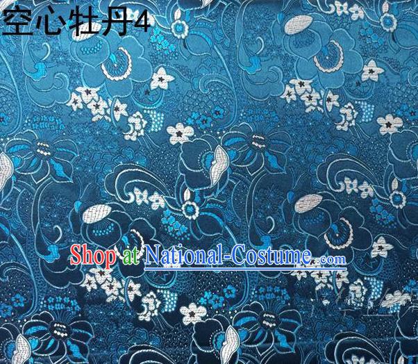 Traditional Asian Chinese Handmade Embroidery Peony Flowers Satin Tang Suit Blue Silk Fabric, Top Grade Nanjing Brocade Ancient Costume Hanfu Clothing Fabric Cheongsam Cloth Material