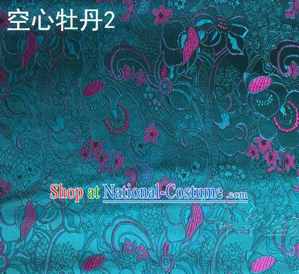 Traditional Asian Chinese Handmade Embroidery Peony Flowers Satin Tang Suit Peacock Blue Silk Fabric, Top Grade Nanjing Brocade Ancient Costume Hanfu Clothing Fabric Cheongsam Cloth Material