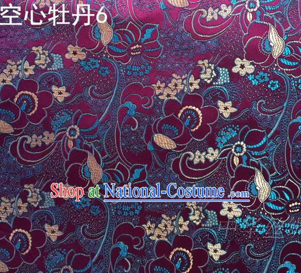 Traditional Asian Chinese Handmade Embroidery Peony Flowers Satin Tang Suit Deep Purple Silk Fabric, Top Grade Nanjing Brocade Ancient Costume Hanfu Clothing Fabric Cheongsam Cloth Material