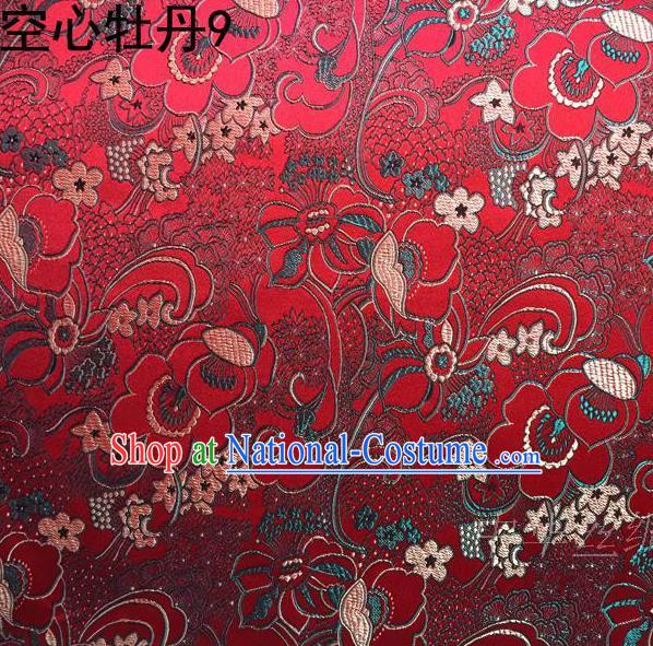 Traditional Asian Chinese Handmade Embroidery Peony Flowers Satin Tang Suit Red Silk Fabric, Top Grade Nanjing Brocade Ancient Costume Hanfu Clothing Fabric Cheongsam Cloth Material