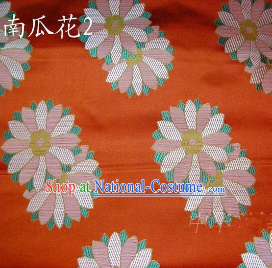 Traditional Asian Chinese Handmade Printing Cushaw Flower Satin Tang Suit Orange Silk Fabric, Top Grade Nanjing Brocade Ancient Costume Hanfu Clothing Fabric Cheongsam Cloth Material