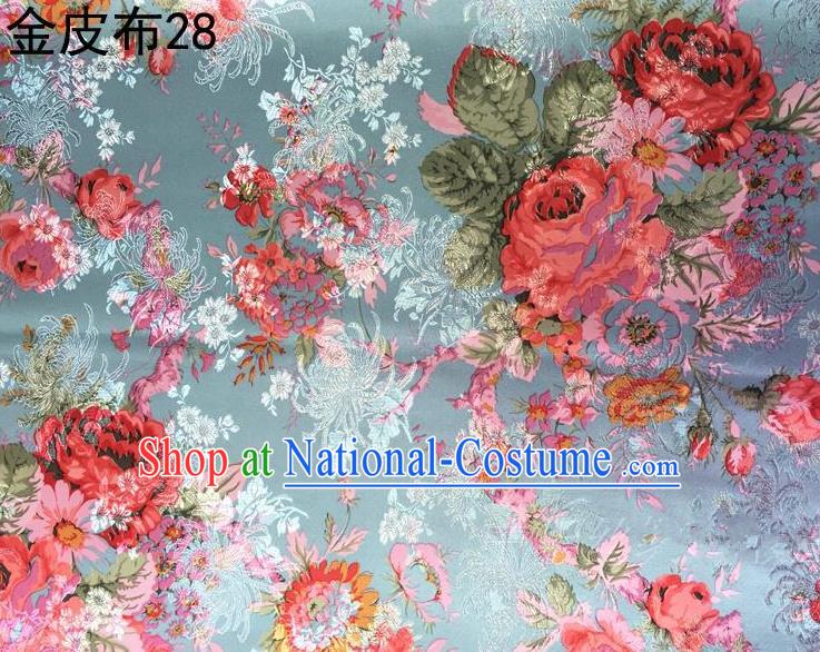 Traditional Asian Chinese Handmade Printing Peony Satin Tang Suit Blue Fabric, Nanjing Brocade Ancient Costume Hanfu Cheongsam Cloth Material