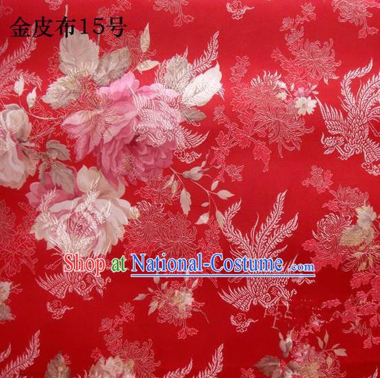 Traditional Asian Chinese Handmade Embroidery Phoenix Pink Peony Satin Tang Suit Red Fabric, Nanjing Brocade Ancient Costume Hanfu Cheongsam Cloth Material