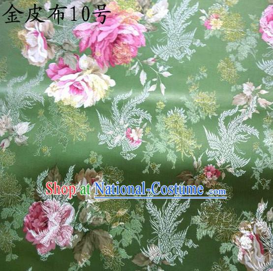 Traditional Asian Chinese Handmade Embroidery Phoenix Pink Peony Satin Tang Suit Green Fabric, Nanjing Brocade Ancient Costume Hanfu Cheongsam Cloth Material