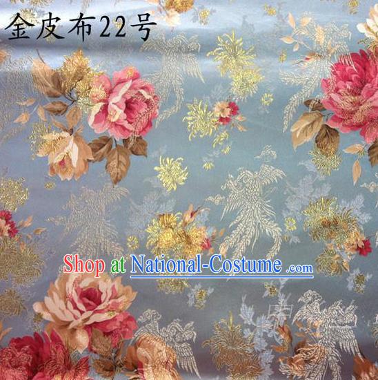 Traditional Asian Chinese Handmade Embroidery Phoenix Pink Peony Satin Tang Suit Blue Fabric, Nanjing Brocade Ancient Costume Hanfu Cheongsam Cloth Material