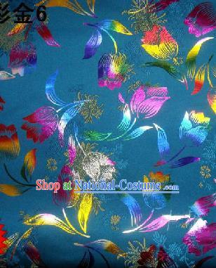 Traditional Asian Chinese Handmade Embroidery Tulip Flowers Satin Tang Suit Blue Fabric, Nanjing Brocade Ancient Costume Hanfu Cheongsam Cloth Material