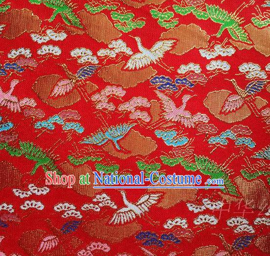 Traditional Asian Chinese Handmade Embroidery Cranes Satin Tang Suit Red Fabric, Nanjing Brocade Ancient Costume Hanfu Kimono Cheongsam Cloth Material