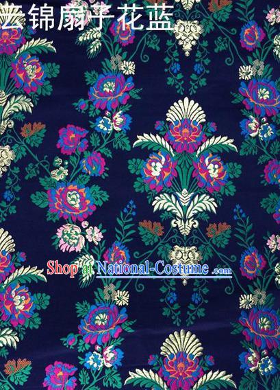 Traditional Asian Chinese Handmade Embroidery Scaevola Nitida Satin Tang Suit Navy Fabric, Nanjing Brocade Ancient Costume Hanfu Xiuhe Suit Cheongsam Cloth Material