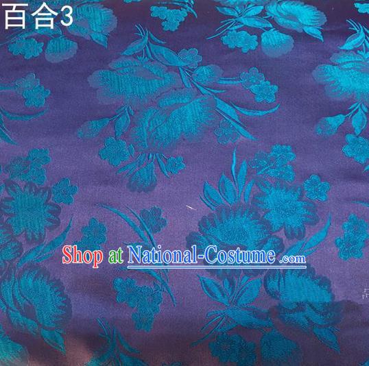 Traditional Asian Chinese Handmade Embroidery Greenish Lily Flower Satin Tang Suit Purple Fabric, Nanjing Brocade Ancient Costume Hanfu Cheongsam Cloth Material