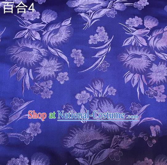 Traditional Asian Chinese Handmade Embroidery Greenish Lily Flower Satin Tang Suit Blue Fabric, Nanjing Brocade Ancient Costume Hanfu Cheongsam Cloth Material