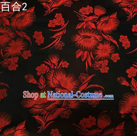 Traditional Asian Chinese Handmade Embroidery Red Greenish Lily Flower Satin Tang Suit Black Fabric, Nanjing Brocade Ancient Costume Hanfu Cheongsam Cloth Material