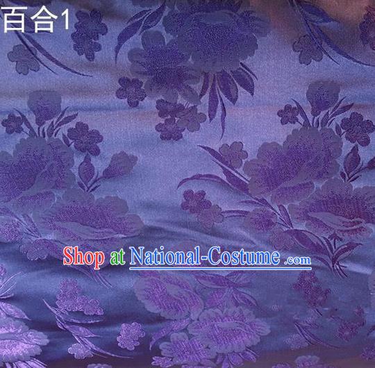 Traditional Asian Chinese Handmade Embroidery Greenish Lily Flower Satin Tang Suit Lilac Fabric, Nanjing Brocade Ancient Costume Hanfu Cheongsam Cloth Material